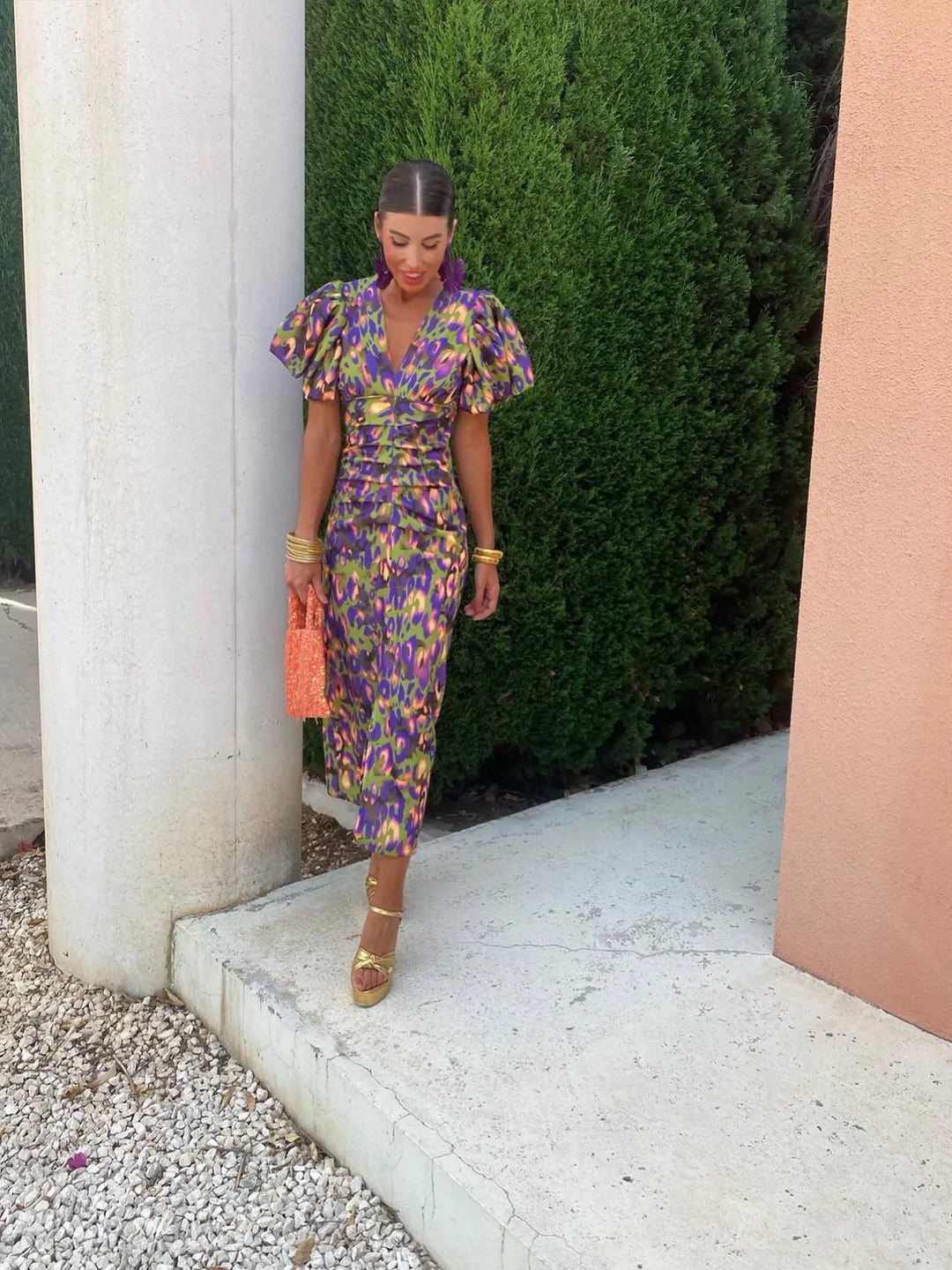 Orange, pink, and purple V-neck bodycon dress, front view, women's elegant silhouette, soft fabric. Perfect for any occasion.