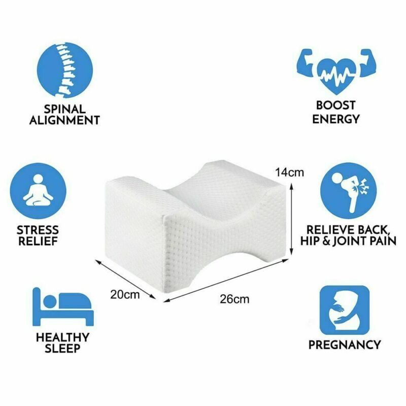 Orthopaedic cushion, white memory foam, ergonomically contoured for hip, knee, and back pain relief, size 24x21x14.5 cm.