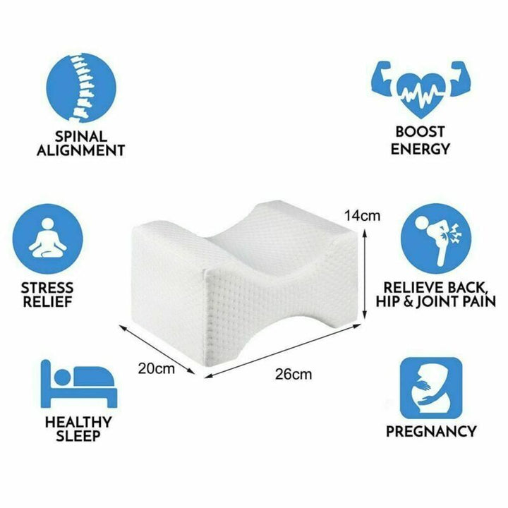 Orthopaedic cushion, white memory foam, ergonomically contoured for hip, knee, and back pain relief, size 24x21x14.5 cm.