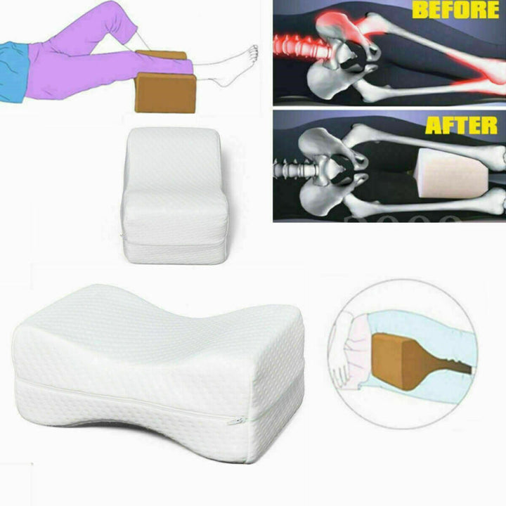 Orthopaedic cushion, white memory foam, ergonomically contoured for hip, knee, and back pain relief, size 24x21x14.5 cm.