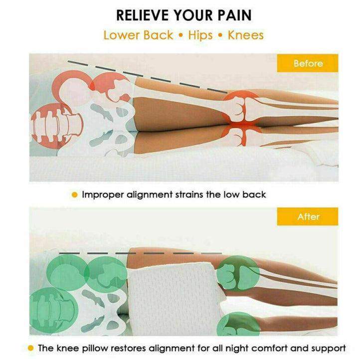 Orthopaedic cushion, white memory foam, ergonomically contoured for hip, knee, and back pain relief, size 24x21x14.5 cm.
