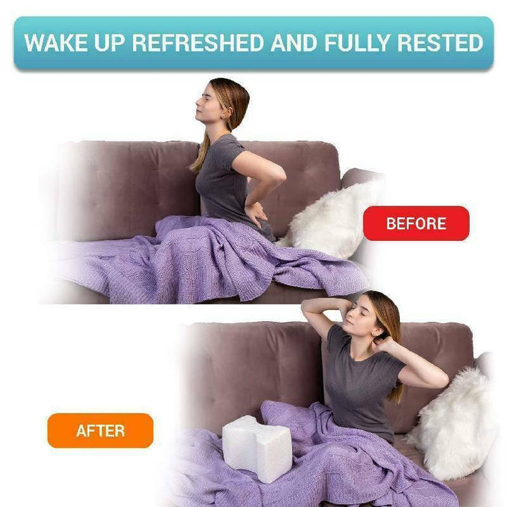Orthopaedic cushion, white memory foam, ergonomically contoured for hip, knee, and back pain relief, size 24x21x14.5 cm.