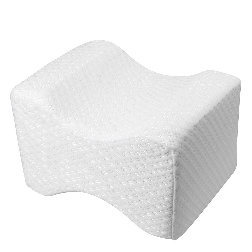 Orthopaedic cushion, white memory foam, ergonomically contoured for hip, knee, and back pain relief, size 24x21x14.5 cm.