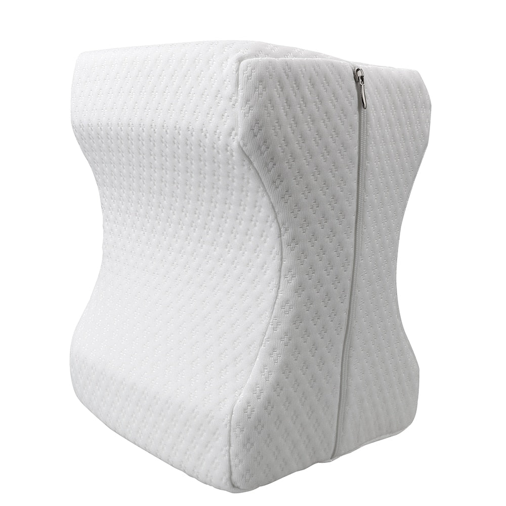 Orthopaedic cushion, white memory foam, ergonomically contoured for hip, knee, and back pain relief, size 24x21x14.5 cm.
