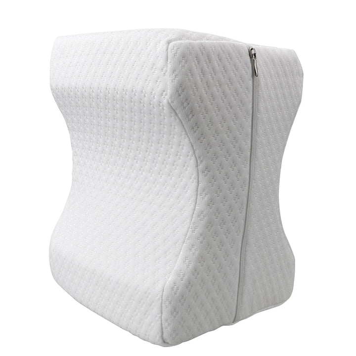 Orthopaedic cushion, white memory foam, ergonomically contoured for hip, knee, and back pain relief, size 24x21x14.5 cm.