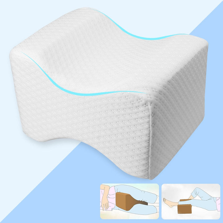 Orthopaedic cushion, white memory foam, ergonomically contoured for hip, knee, and back pain relief, size 24x21x14.5 cm.