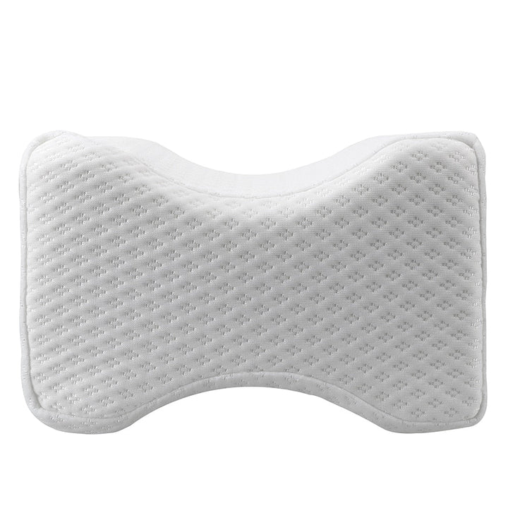 Orthopaedic cushion, white memory foam, ergonomically contoured for hip, knee, and back pain relief, size 24x21x14.5 cm.
