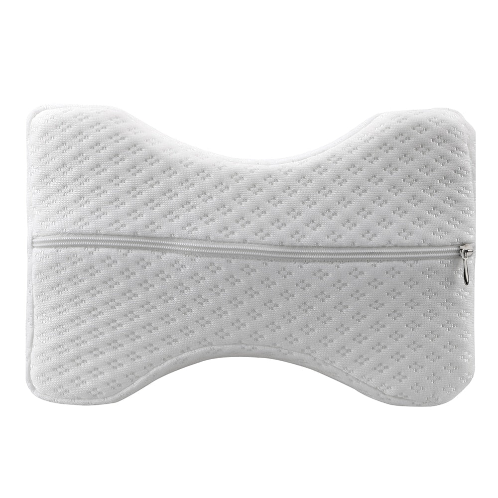 Orthopaedic cushion, white memory foam, ergonomically contoured for hip, knee, and back pain relief, size 24x21x14.5 cm.