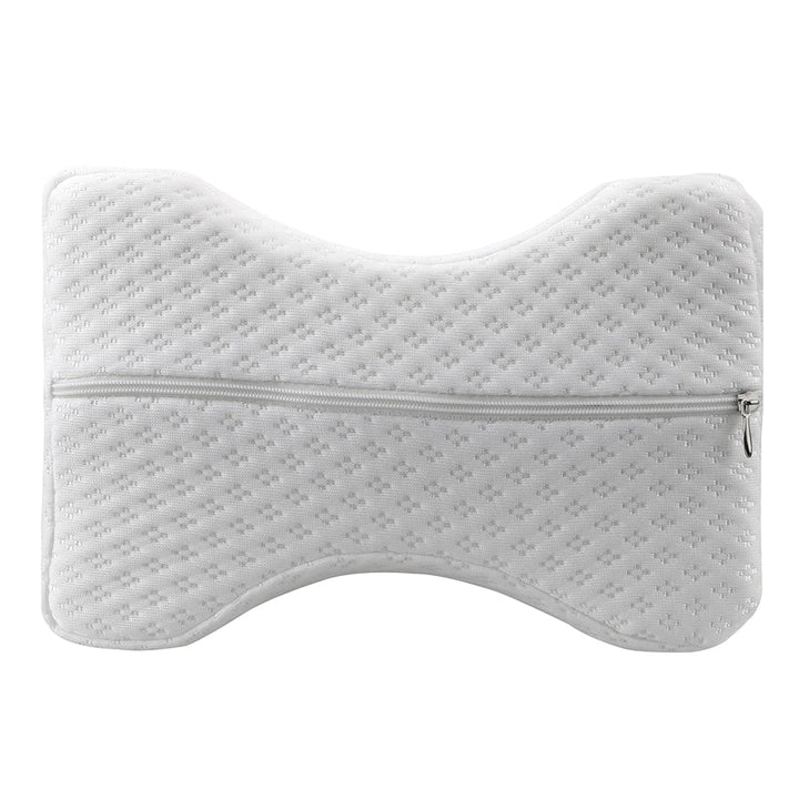 Orthopaedic cushion, white memory foam, ergonomically contoured for hip, knee, and back pain relief, size 24x21x14.5 cm.