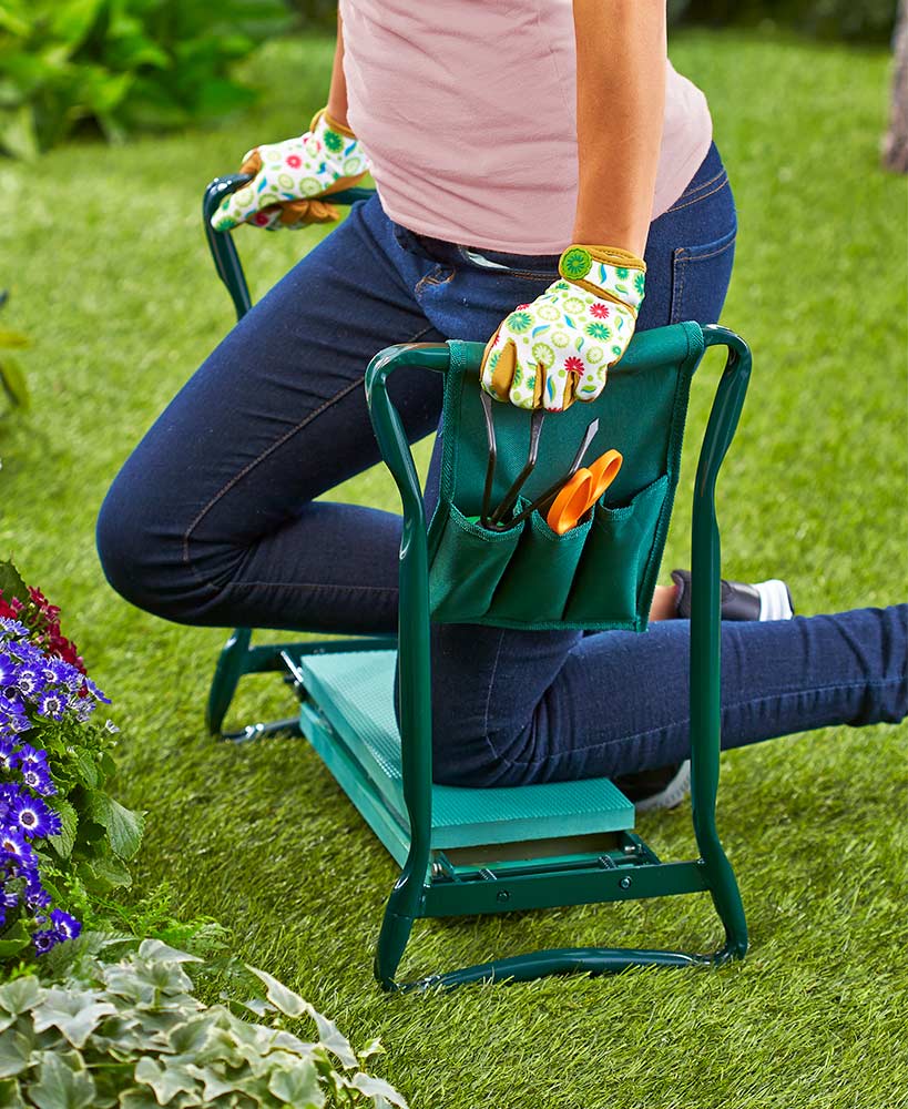 "Padded gardening seat kneeler with handles, ergonomic design, supports knees, lightweight, foldable for easy transport."