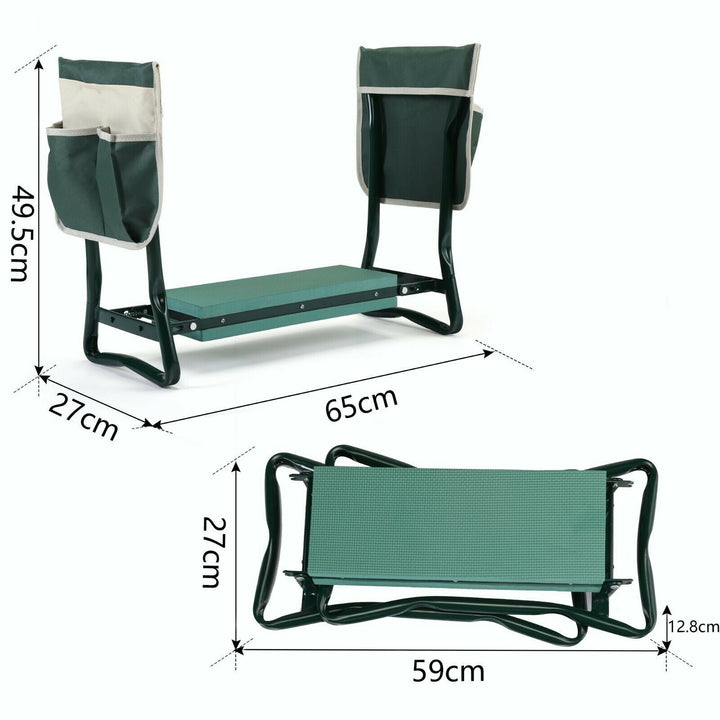 "Padded gardening seat kneeler with handles, ergonomic design, supports knees, lightweight, foldable for easy transport."