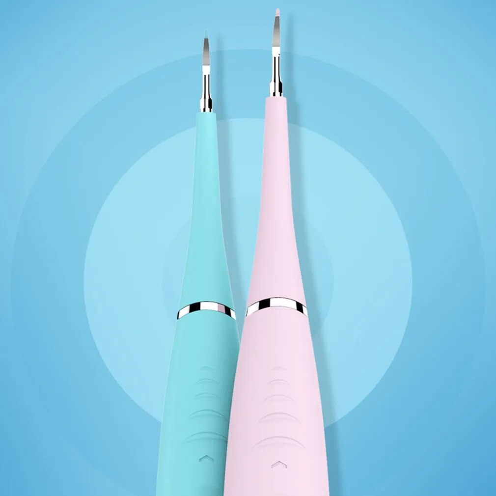 "Pink ultrasonic tooth cleaning wand with adjustable intensity levels, sleek design, portable for effective at-home dental ca