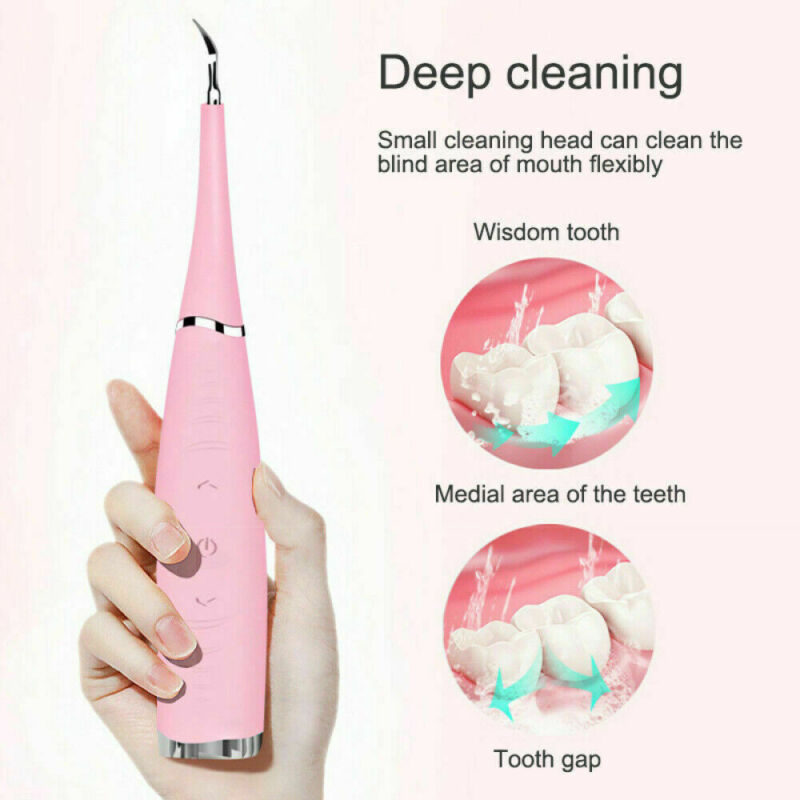 "Pink ultrasonic tooth cleaning wand with adjustable intensity levels, sleek design, portable for effective at-home dental ca