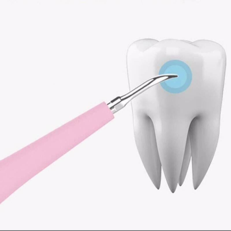 "Pink ultrasonic tooth cleaning wand with adjustable intensity levels, sleek design, portable for effective at-home dental ca