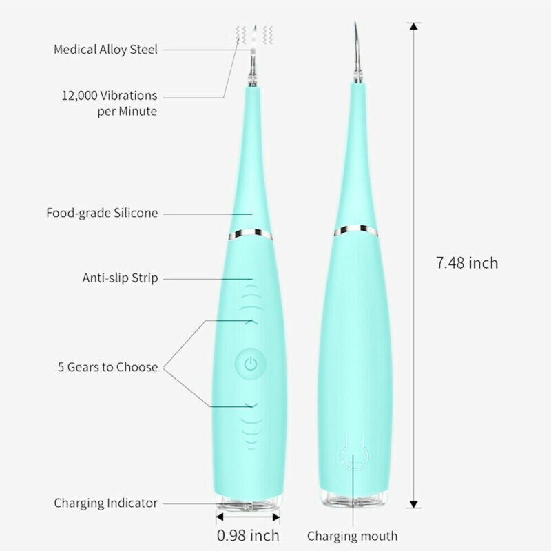 "Pink ultrasonic tooth cleaning wand with adjustable intensity levels, sleek design, portable for effective at-home dental ca