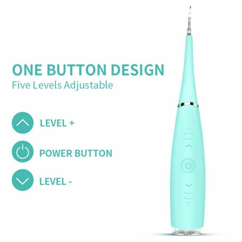 "Pink ultrasonic tooth cleaning wand with adjustable intensity levels, sleek design, portable for effective at-home dental ca