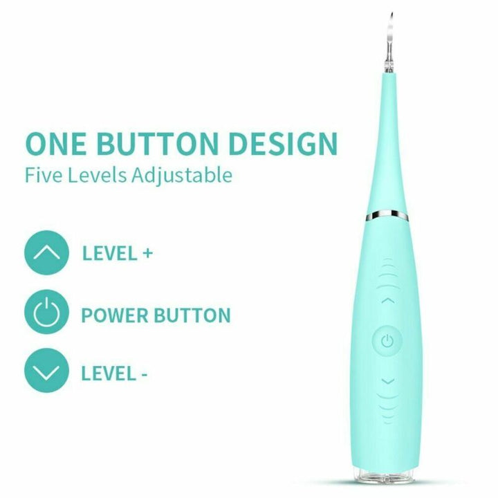 "Pink ultrasonic tooth cleaning wand with adjustable intensity levels, sleek design, portable for effective at-home dental ca