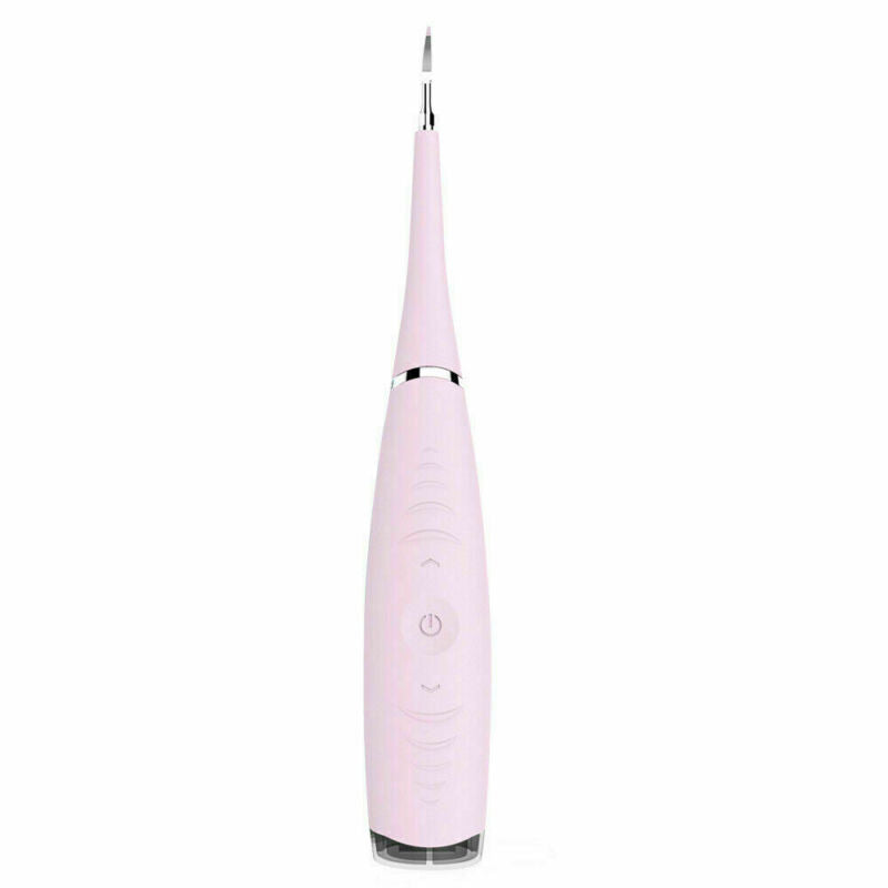 "Pink ultrasonic tooth cleaning wand with adjustable intensity levels, sleek design, portable for effective at-home dental ca