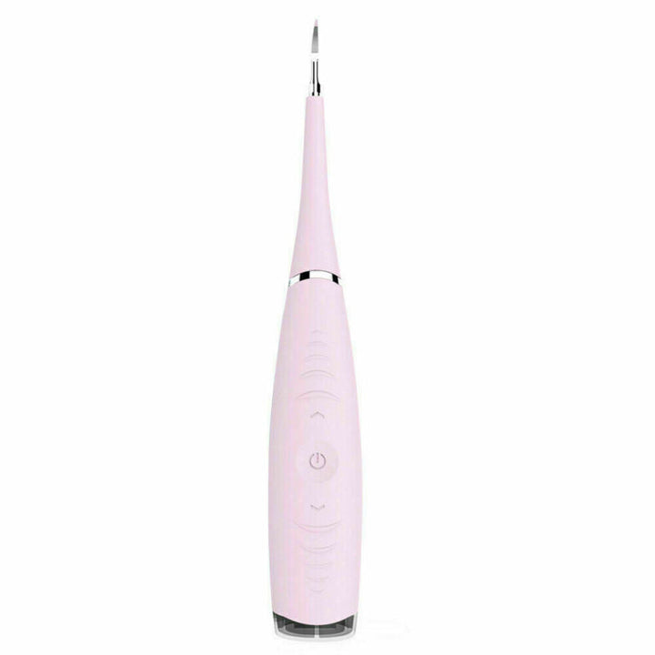 "Pink ultrasonic tooth cleaning wand with adjustable intensity levels, sleek design, portable for effective at-home dental ca