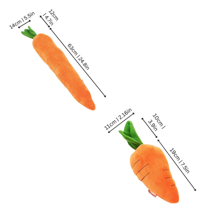 Plush carrot dog toy with soft orange fabric, green leafy top, durable squeaker; perfect for play and snuggles.