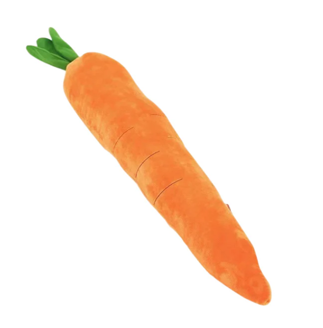 Plush carrot dog toy with soft orange fabric, green leafy top, durable squeaker; perfect for play and snuggles.