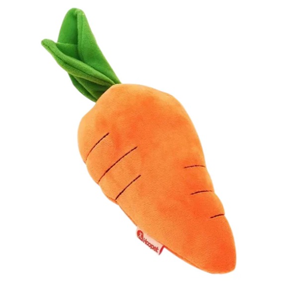 Plush carrot dog toy with soft orange fabric, green leafy top, durable squeaker; perfect for play and snuggles.