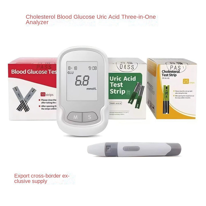 "Portable cholesterol test kit for home use; compact device with test strips and lancets for easy heart health monitoring."