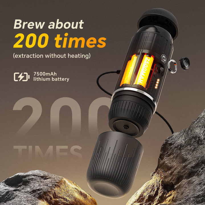 Portable electric espresso machine with USB-C, black, compact, features sleek design, perfect for travel, uses capsules/groun