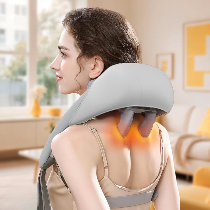 Portable neck and shoulder heat massager, deep-kneading, adjustable heat, lightweight, versatile use for relaxation.