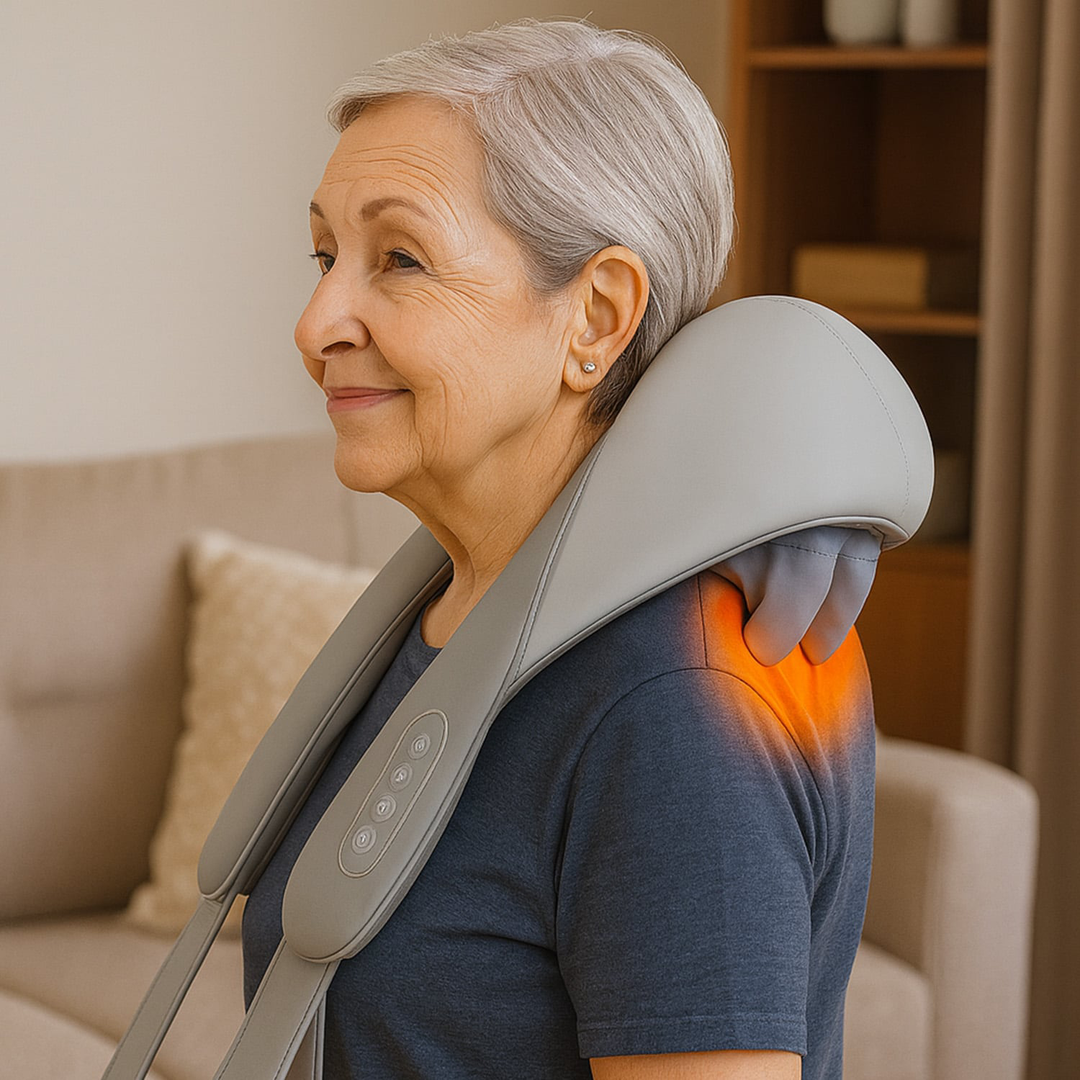 Portable neck and shoulder heat massager, deep-kneading, adjustable heat, lightweight, versatile use for relaxation.