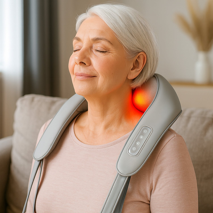 Portable neck and shoulder heat massager, deep-kneading, adjustable heat, lightweight, versatile use for relaxation.