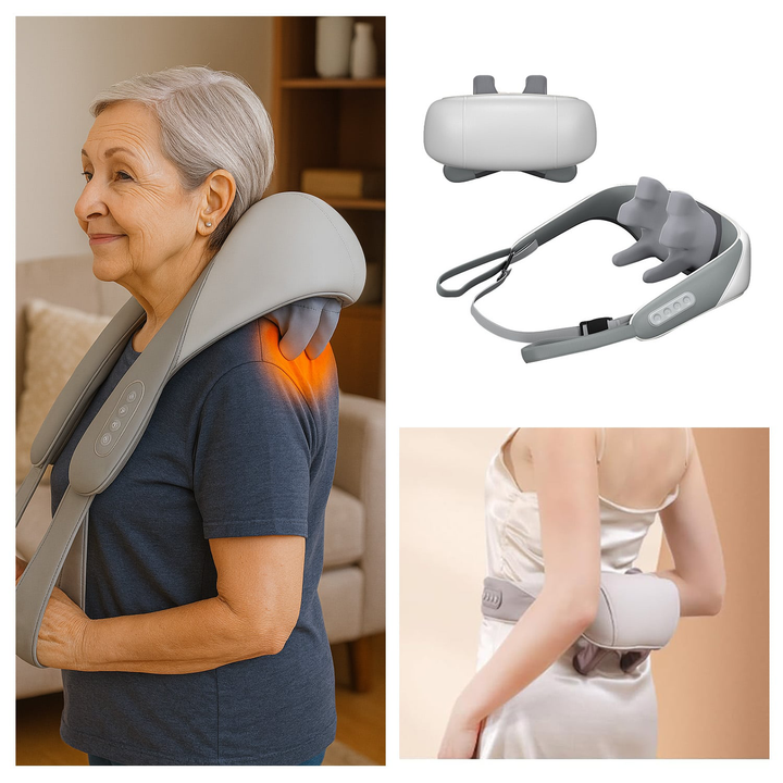 Portable neck and shoulder heat massager, deep-kneading, adjustable heat, lightweight, versatile use for relaxation.