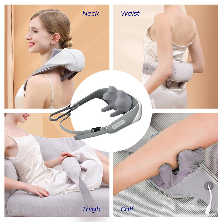 Portable neck and shoulder heat massager, deep-kneading, adjustable heat, lightweight, versatile use for relaxation.