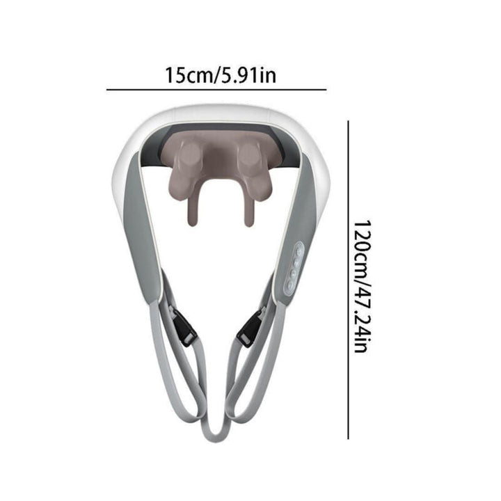 Portable neck and shoulder heat massager, deep-kneading, adjustable heat, lightweight, versatile use for relaxation.
