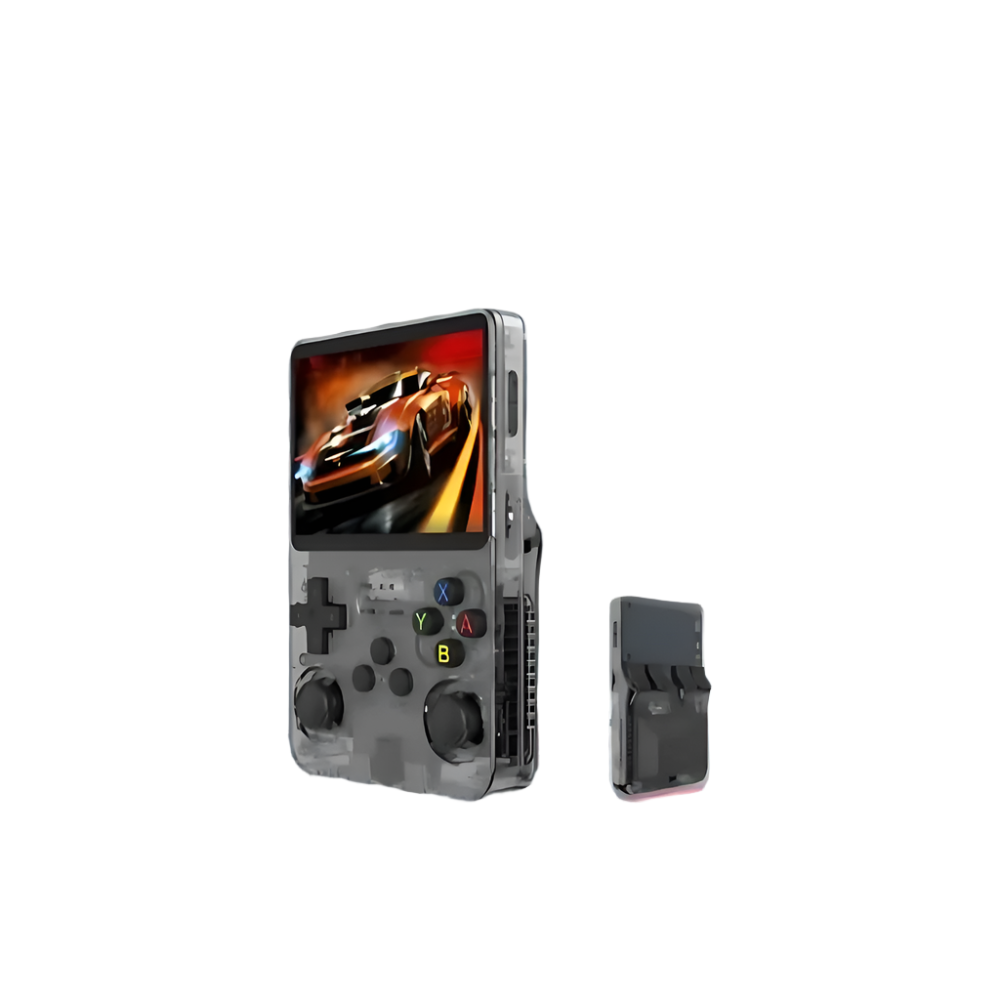 Portable retro gaming console with HD screen, ergonomic design, 3D control sticks, and USB charging on white background.