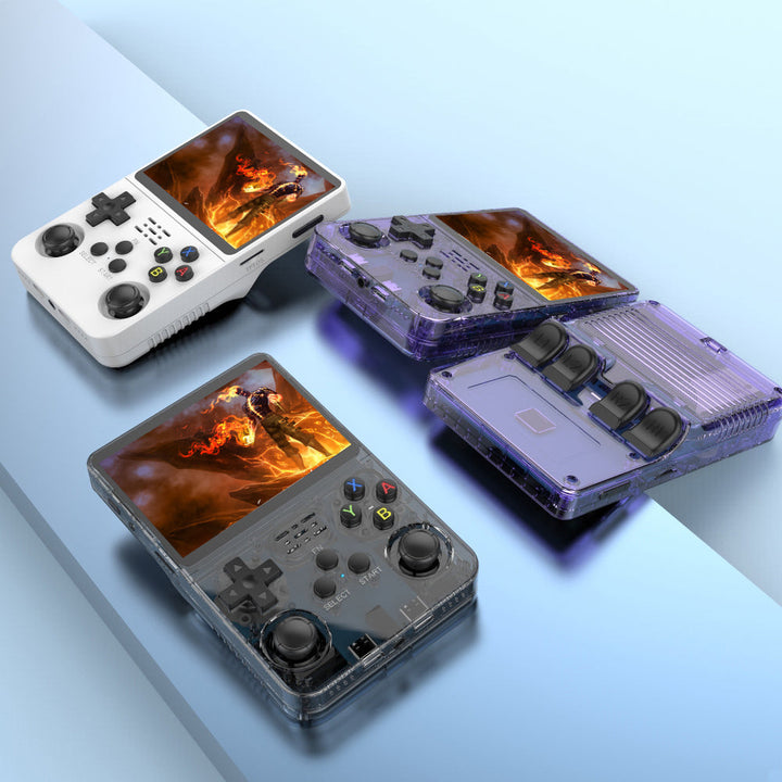 Portable retro gaming console with HD screen, ergonomic design, 3D control sticks, and USB charging on white background.