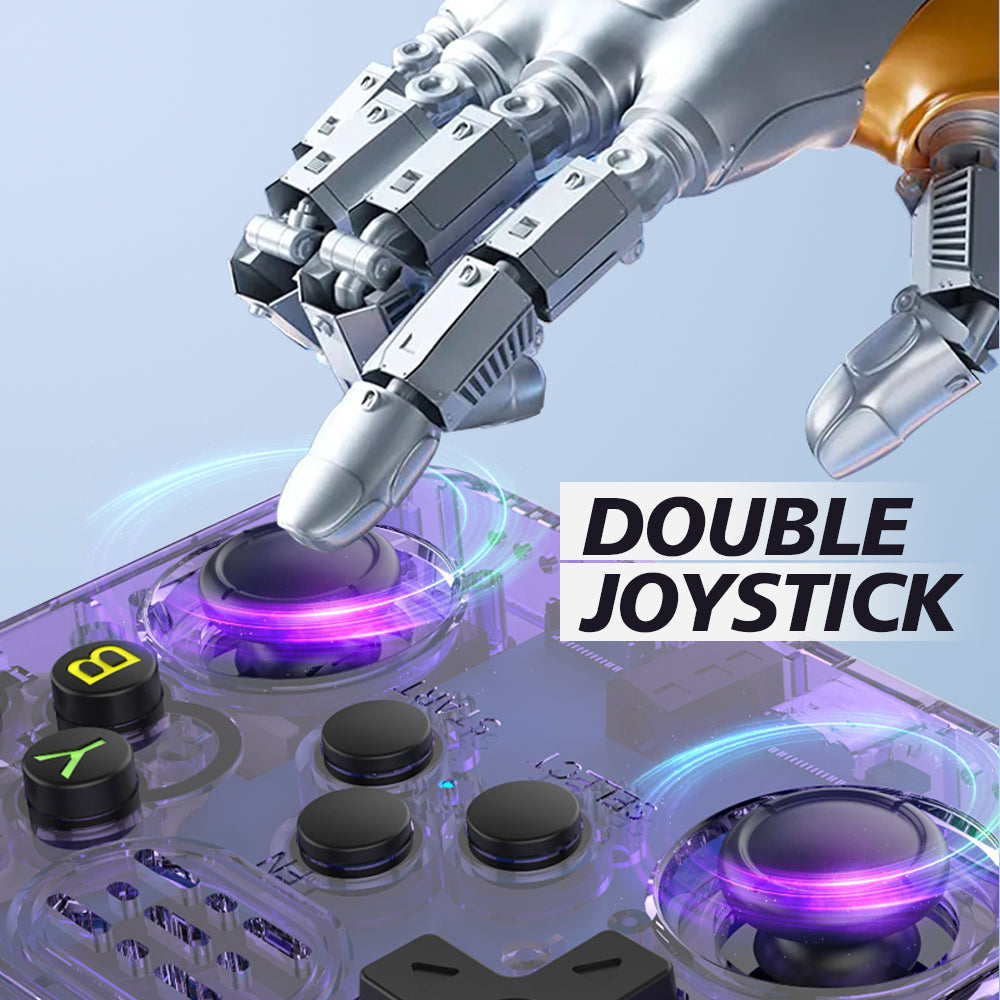 Portable retro gaming console with HD screen, ergonomic design, 3D control sticks, and USB charging on white background.