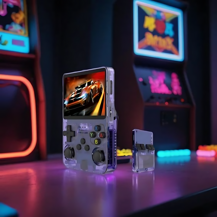 Portable retro gaming console with HD screen, ergonomic design, 3D control sticks, and USB charging on white background.