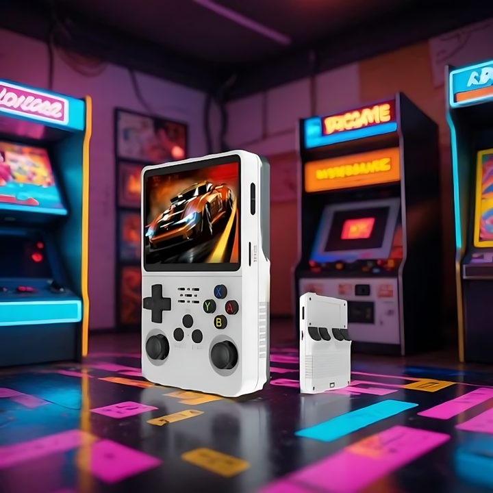 Portable retro gaming console with HD screen, ergonomic design, 3D control sticks, and USB charging on white background.