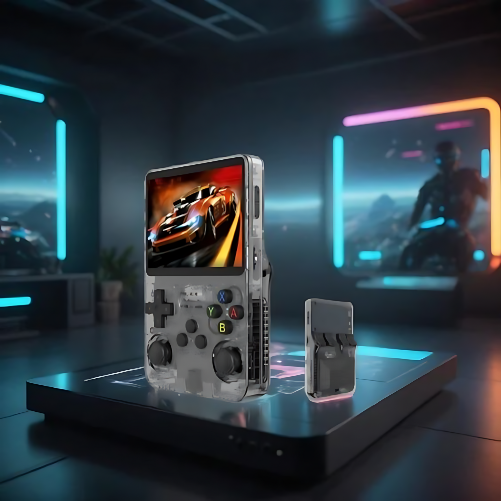 Portable retro gaming console with HD screen, ergonomic design, 3D control sticks, and USB charging on white background.
