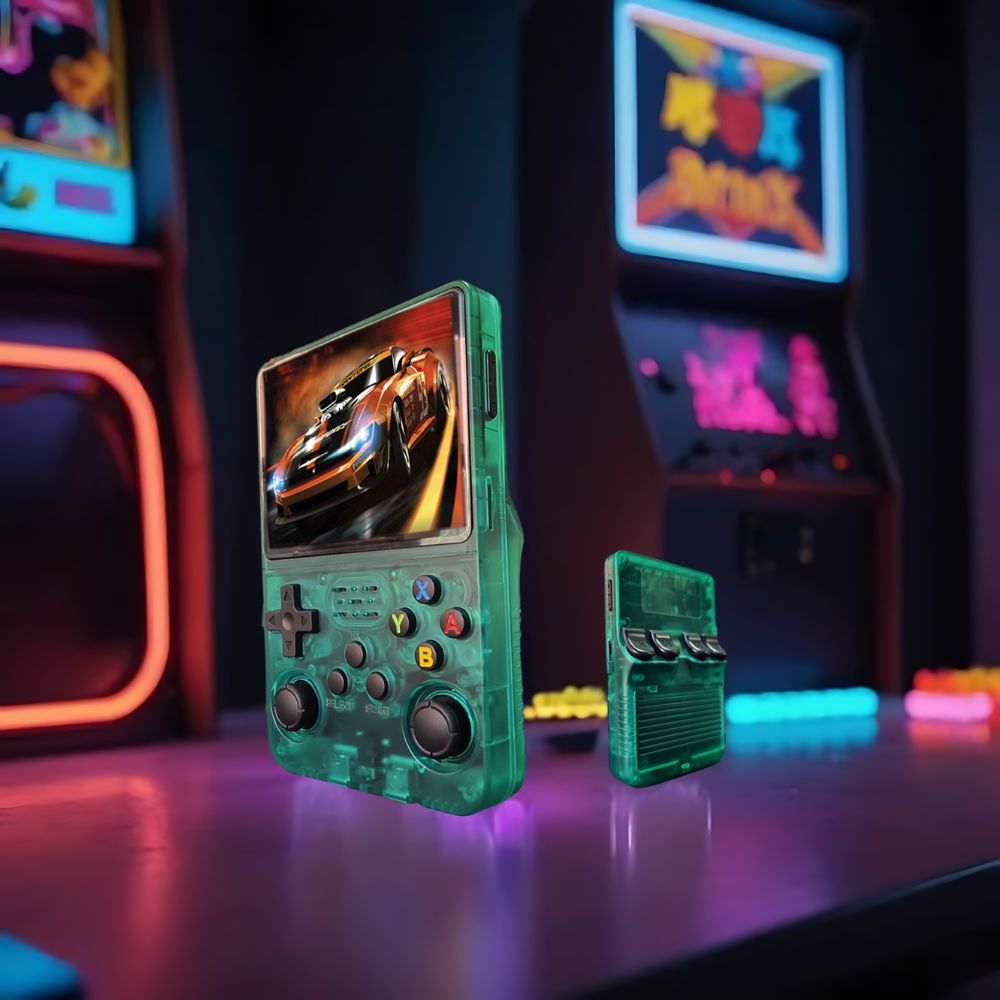 Portable retro gaming console with HD screen, ergonomic design, 3D control sticks, and USB charging on white background.