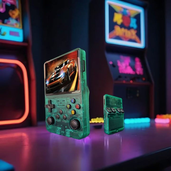 Portable retro gaming console with HD screen, ergonomic design, 3D control sticks, and USB charging on white background.