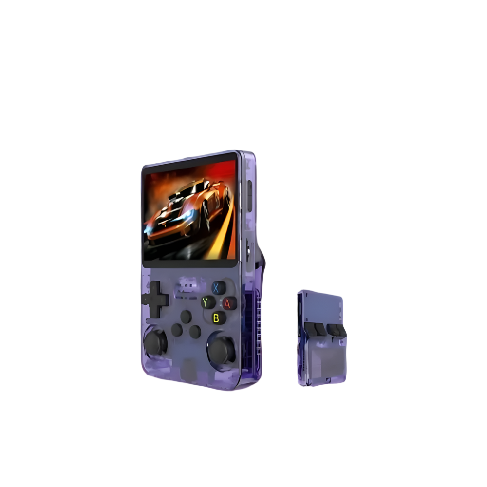 Portable retro gaming console with HD screen, ergonomic design, 3D control sticks, and USB charging on white background.