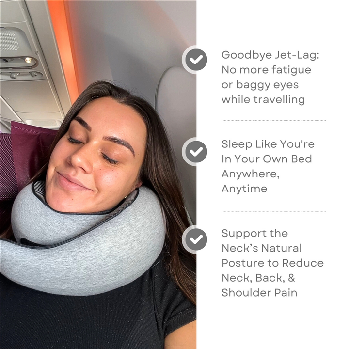 "Premium memory foam travel pillow, ergonomic neck support, sleek design, ideal for unisex comfort on-the-go."
