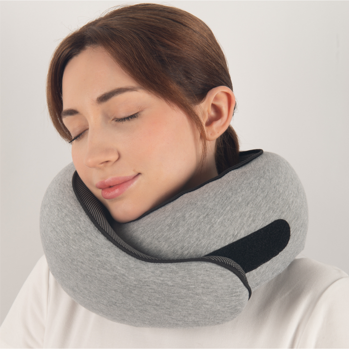 "Premium memory foam travel pillow, ergonomic neck support, sleek design, ideal for unisex comfort on-the-go."