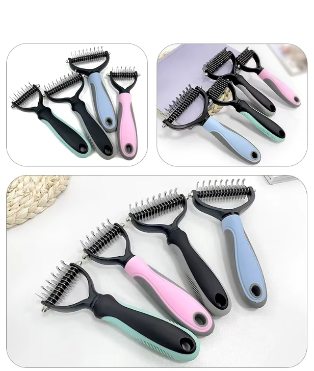 "Professional pet undercoat brush for dogs and cats, double-sided with ergonomic handle, ideal for medium to long coats."