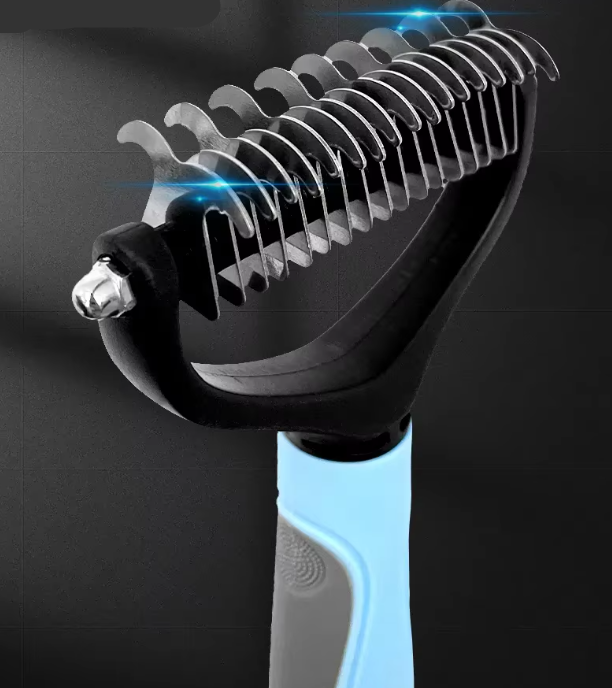 "Professional pet undercoat brush for dogs and cats, double-sided with ergonomic handle, ideal for medium to long coats."