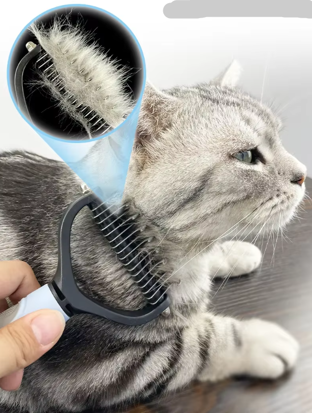 "Professional pet undercoat brush for dogs and cats, double-sided with ergonomic handle, ideal for medium to long coats."
