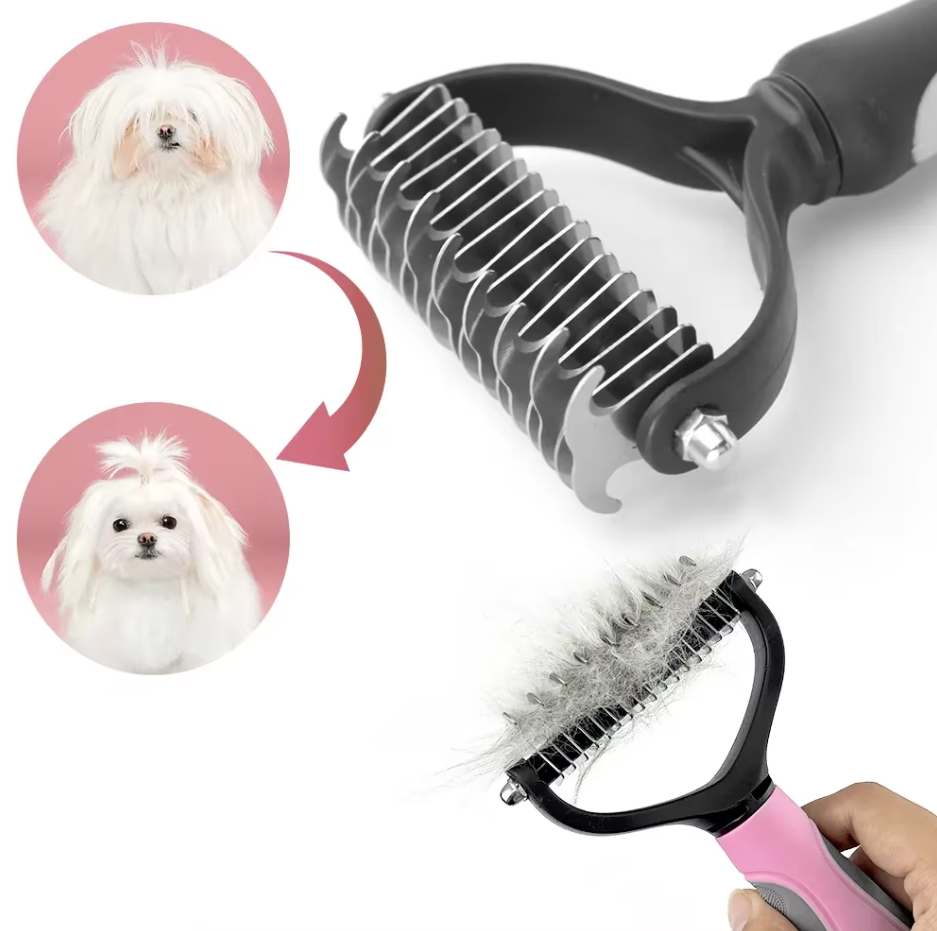 "Professional pet undercoat brush for dogs and cats, double-sided with ergonomic handle, ideal for medium to long coats."