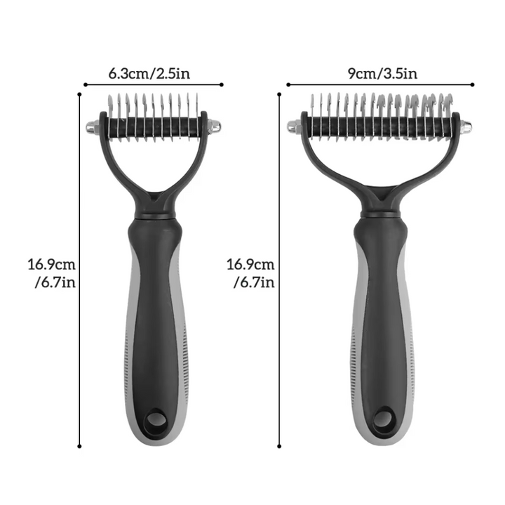 "Professional pet undercoat brush for dogs and cats, double-sided with ergonomic handle, ideal for medium to long coats."